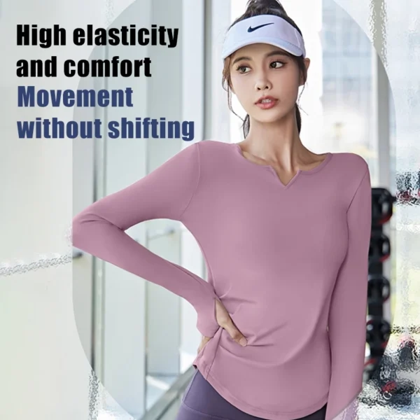 FUYOGI Long Sleeve Top Women Sport V-neck Slim Fit Quick Dry Breathable Gym Workout Long T-shirt